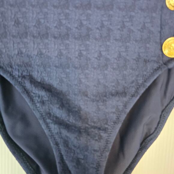 L'Agence Vanessa High Waist Bikini Bottom Marine Blue White Gold Buttons S NEW - Picture 8 of 8